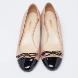 Pre Owned Prada Beige/Black Patent And Leather Toe Cap Block Heel Pumps Size 38