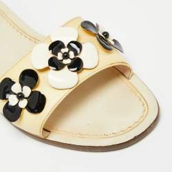 Pre Owned Prada Cream Saffiano Leather Floral Embellished Flat Slides Size 38