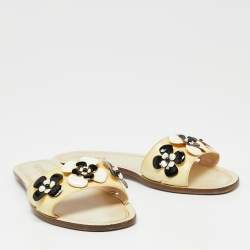 Pre Owned Prada Cream Saffiano Leather Floral Embellished Flat Slides Size 38