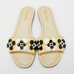 Pre Owned Prada Cream Saffiano Leather Floral Embellished Flat Slides Size 38