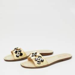 Pre Owned Prada Cream Saffiano Leather Floral Embellished Flat Slides Size 38