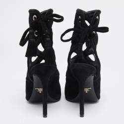 Pre Owned Prada Black Suede Sexy Thing  Ankle Tie Sandals  Size 37