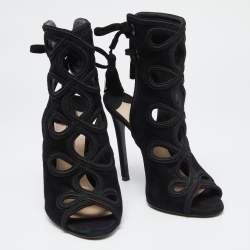 Pre Owned Prada Black Suede Sexy Thing  Ankle Tie Sandals  Size 37