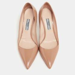 Pre Owned Prada Beige Vernice Saffiano Leather Pointed-Toe Pumps Size 36.5