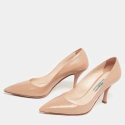 Pre Owned Prada Beige Vernice Saffiano Leather Pointed-Toe Pumps Size 36.5