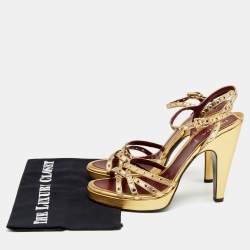 Pre Owned Prada Metallic Gold Leather Criss Cross Studded Platform Ankle Strap Sandals Size 41