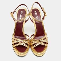 Pre Owned Prada Metallic Gold Leather Criss Cross Studded Platform Ankle Strap Sandals Size 41