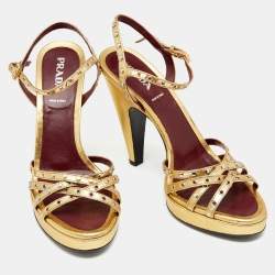 Pre Owned Prada Metallic Gold Leather Criss Cross Studded Platform Ankle Strap Sandals Size 41