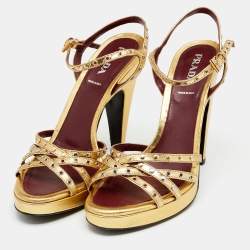 Pre Owned Prada Metallic Gold Leather Criss Cross Studded Platform Ankle Strap Sandals Size 41