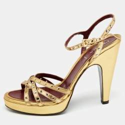 Pre Owned Prada Metallic Gold Leather Criss Cross Studded Platform Ankle Strap Sandals Size 41