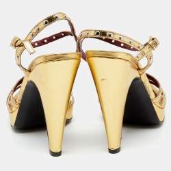 Pre Owned Prada Metallic Gold Leather Criss Cross Studded Platform Ankle Strap Sandals Size 41