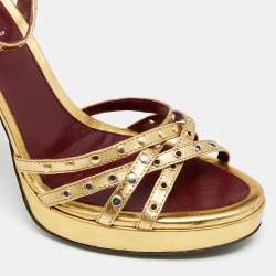 Pre Owned Prada Metallic Gold Leather Criss Cross Studded Platform Ankle Strap Sandals Size 41