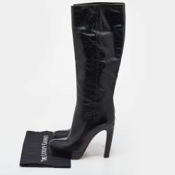 Pre Owned Prada Black Leather Platform Knee Length Boots Size 37.5