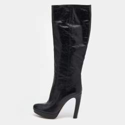 Pre Owned Prada Black Leather Platform Knee Length Boots Size 37.5