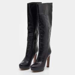 Pre Owned Prada Black Leather Platform Knee Length Boots Size 37.5