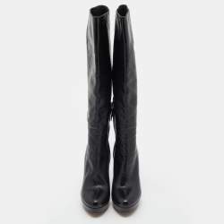 Pre Owned Prada Black Leather Platform Knee Length Boots Size 37.5