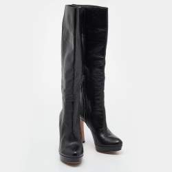 Pre Owned Prada Black Leather Platform Knee Length Boots Size 37.5