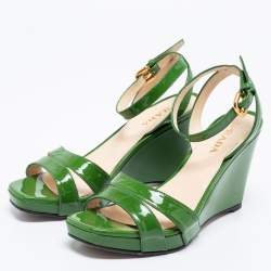 Pre Owned Prada Green Patent Leather Ankle-Strap Wedge Sandals Size 37