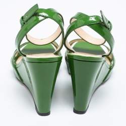 Pre Owned Prada Green Patent Leather Ankle-Strap Wedge Sandals Size 37