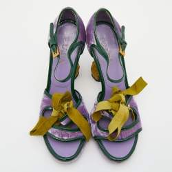 Pre Owned Prada Purple/Green Velvet And Patent Leather Floral Heel Ankle Strap Sandals Size 36