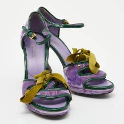 Pre Owned Prada Purple/Green Velvet And Patent Leather Floral Heel Ankle Strap Sandals Size 36