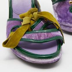 Pre Owned Prada Purple/Green Velvet And Patent Leather Floral Heel Ankle Strap Sandals Size 36