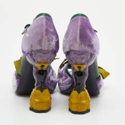Pre Owned Prada Purple/Green Velvet And Patent Leather Floral Heel Ankle Strap Sandals Size 36