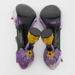 Pre Owned Prada Purple/Green Velvet And Patent Leather Floral Heel Ankle Strap Sandals Size 36