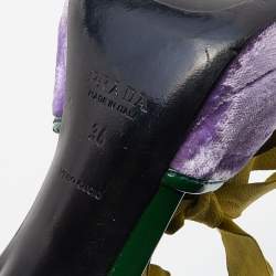 Pre Owned Prada Purple/Green Velvet And Patent Leather Floral Heel Ankle Strap Sandals Size 36