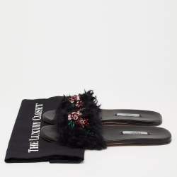 Pre Owned Prada Black Crystal Embellished Faux Fur Flat Slides Size 37.5