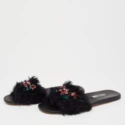 Pre Owned Prada Black Crystal Embellished Faux Fur Flat Slides Size 37.5