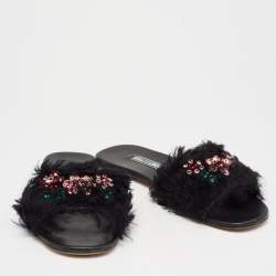 Pre Owned Prada Black Crystal Embellished Faux Fur Flat Slides Size 37.5