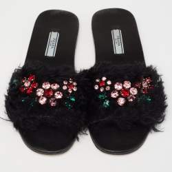Pre Owned Prada Black Crystal Embellished Faux Fur Flat Slides Size 37.5
