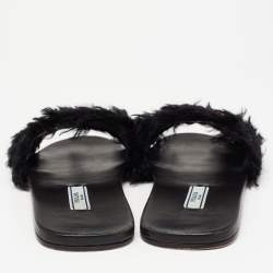 Pre Owned Prada Black Crystal Embellished Faux Fur Flat Slides Size 37.5