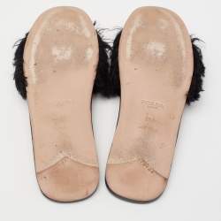 Pre Owned Prada Black Crystal Embellished Faux Fur Flat Slides Size 37.5