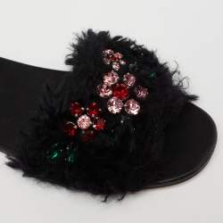 Pre Owned Prada Black Crystal Embellished Faux Fur Flat Slides Size 37.5