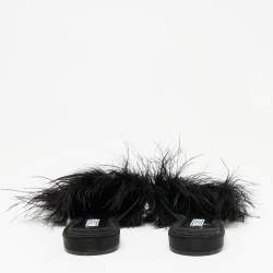 Pre Owned Prada Black Satin And Fur Mule Sandals Size 38.5   