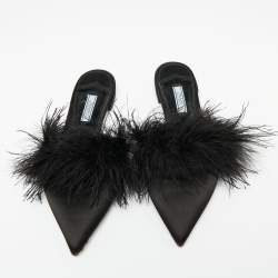 Pre Owned Prada Black Satin And Fur Mule Sandals Size 38.5   