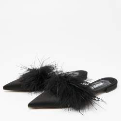 Pre Owned Prada Black Satin And Fur Mule Sandals Size 38.5   