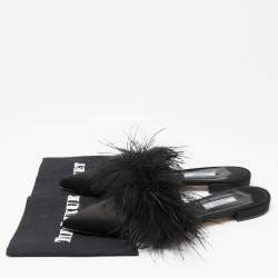 Pre Owned Prada Black Satin And Fur Mule Sandals Size 38.5   