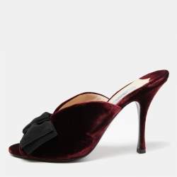 Pre Owned Prada Burgundy Velvet Bow Embellished Peep Toe Mules Size 39