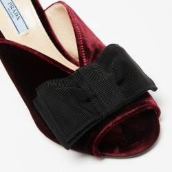 Pre Owned Prada Burgundy Velvet Bow Embellished Peep Toe Mules Size 39