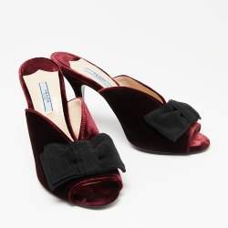 Pre Owned Prada Burgundy Velvet Bow Embellished Peep Toe Mules Size 39