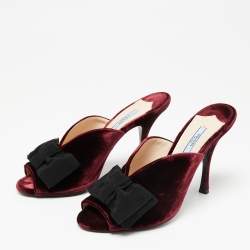 Pre Owned Prada Burgundy Velvet Bow Embellished Peep Toe Mules Size 39