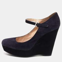 Pre Owned Prada Dark Purple Suede Wedge Platform Pumps Size 38