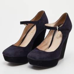 Pre Owned Prada Dark Purple Suede Wedge Platform Pumps Size 38