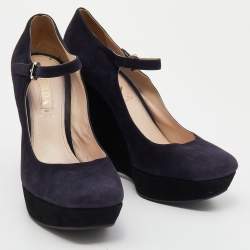 Pre Owned Prada Dark Purple Suede Wedge Platform Pumps Size 38
