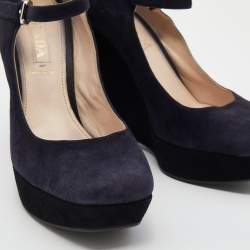 Pre Owned Prada Dark Purple Suede Wedge Platform Pumps Size 38