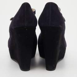 Pre Owned Prada Dark Purple Suede Wedge Platform Pumps Size 38