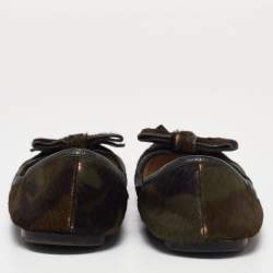Prada Olive Green Calf Hair Scrunch Bow Ballet Flats Size 39